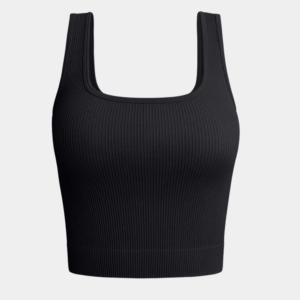 NWOT OQQ Black Ribbed Seamless Yoga Crop Tank Top Bra Summer Basic Cami Small
